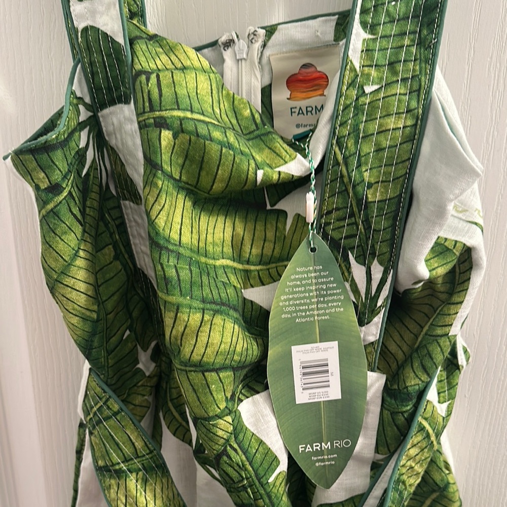 FARM Rio Tropical Green Leaf Jumpsuit, Palm Fan Linen Wide-Leg Has 2 side pocket - Picture 4 of 12